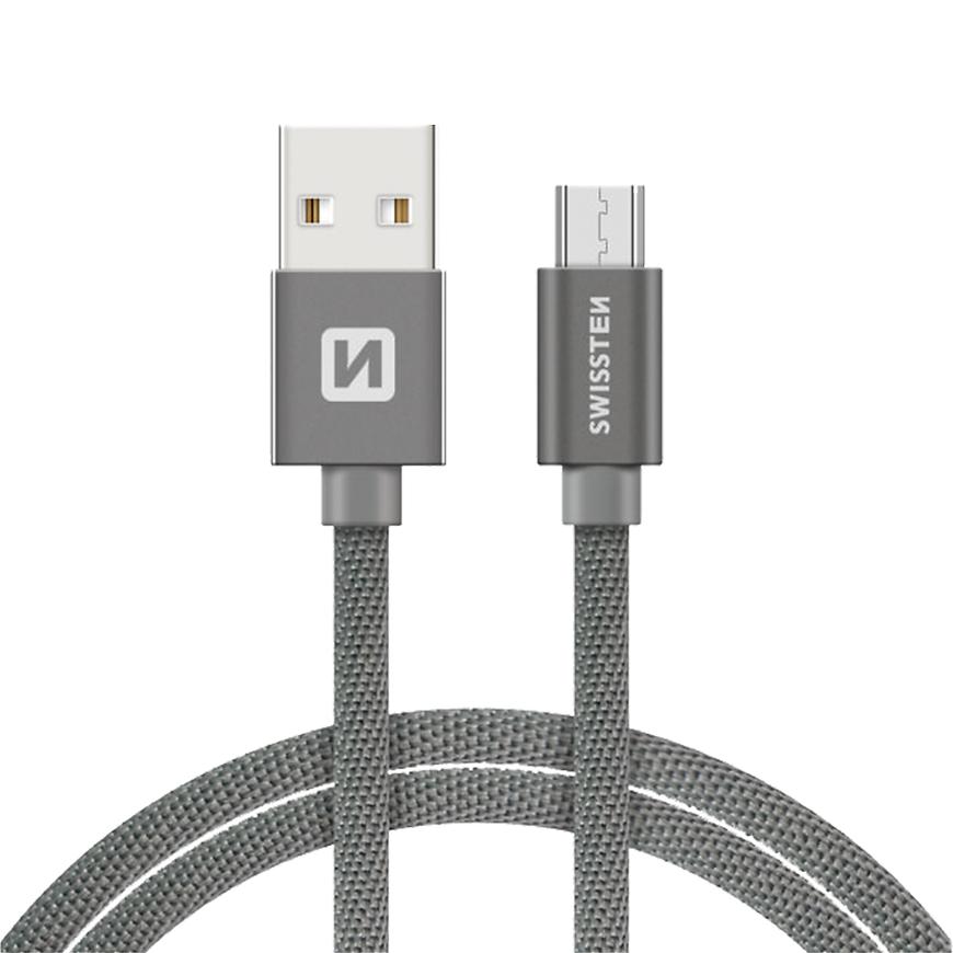 Kabel datový Swissten Textile USB / Micro USB 1.2 m stříbrný SWISSTEN
