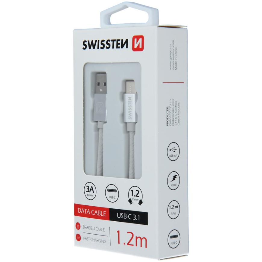 Kabel datový Swissten Textile USB / USB-C 1.2 m stříbrný SWISSTEN