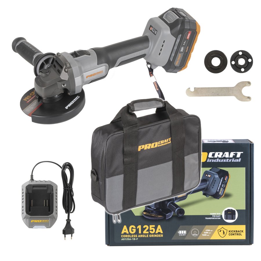 PROCRAFT Industrial AG125A-1B-F bezuhlíková aku úhlová bruska 125mm v tašce LiIon 20V 4Ah