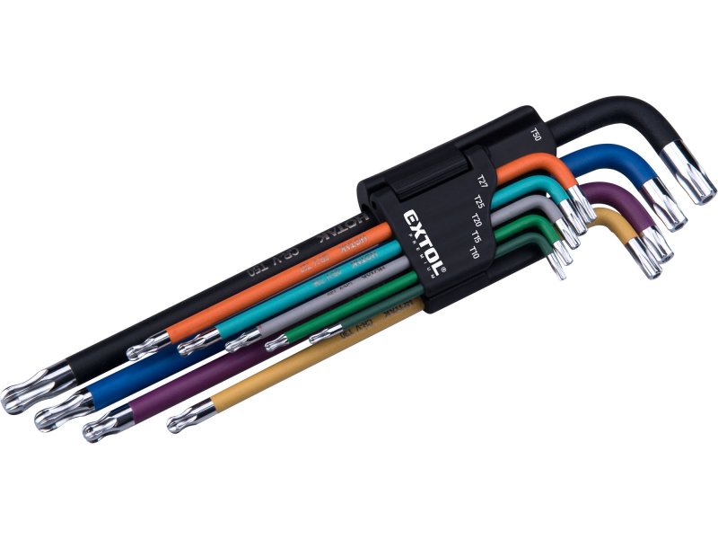 EXTOL PREMIUM 8819416 L-klíče TORX sada prodloužené barevné 9ks s kuličkou T10-50mm S2