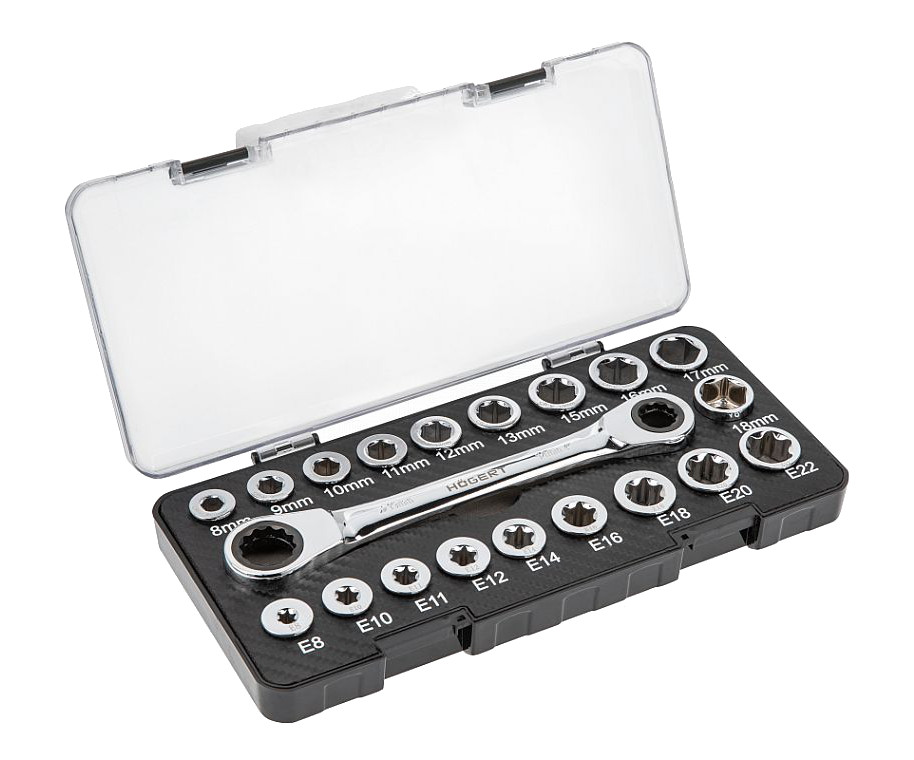 HOGERT HT1R492 ráčnový klíč 14x19mm se sadou nástavců 20ks