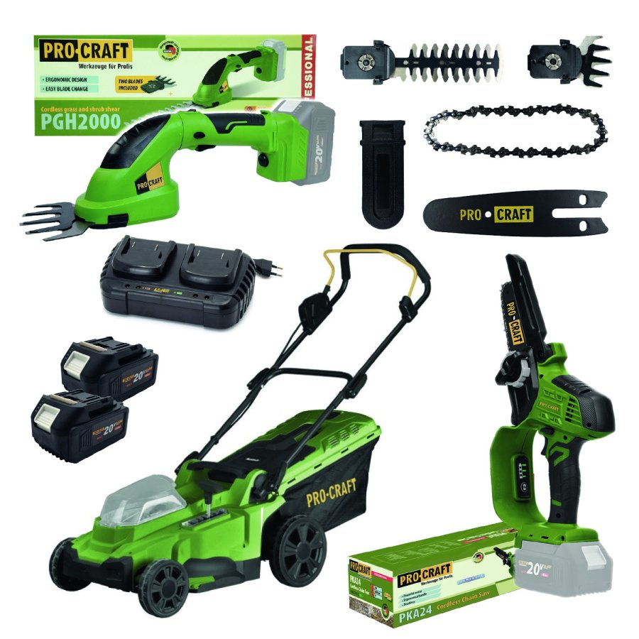 PROCRAFT GARDENSET sada zahradního aku nářadí 5 dílů 20V 2x baterie 4Ah s nabíječkou