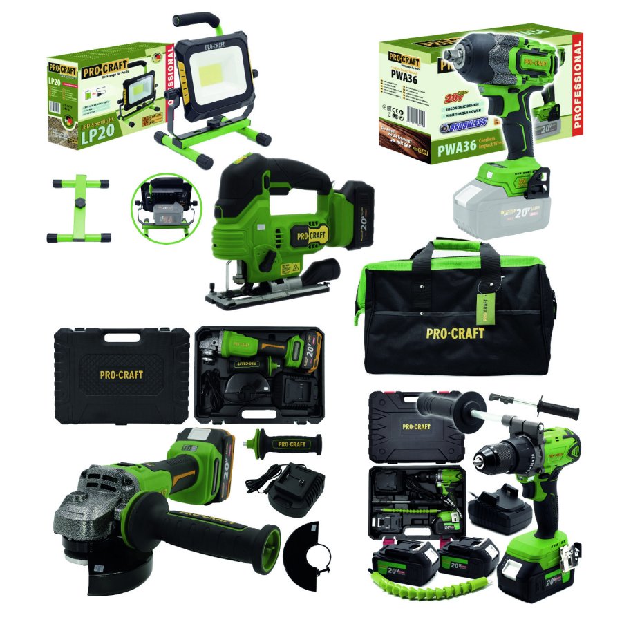 PROCRAFT MAXISET1 sada aku nářadí 20V 5 dílů + brašna + 3x baterie 4Ah