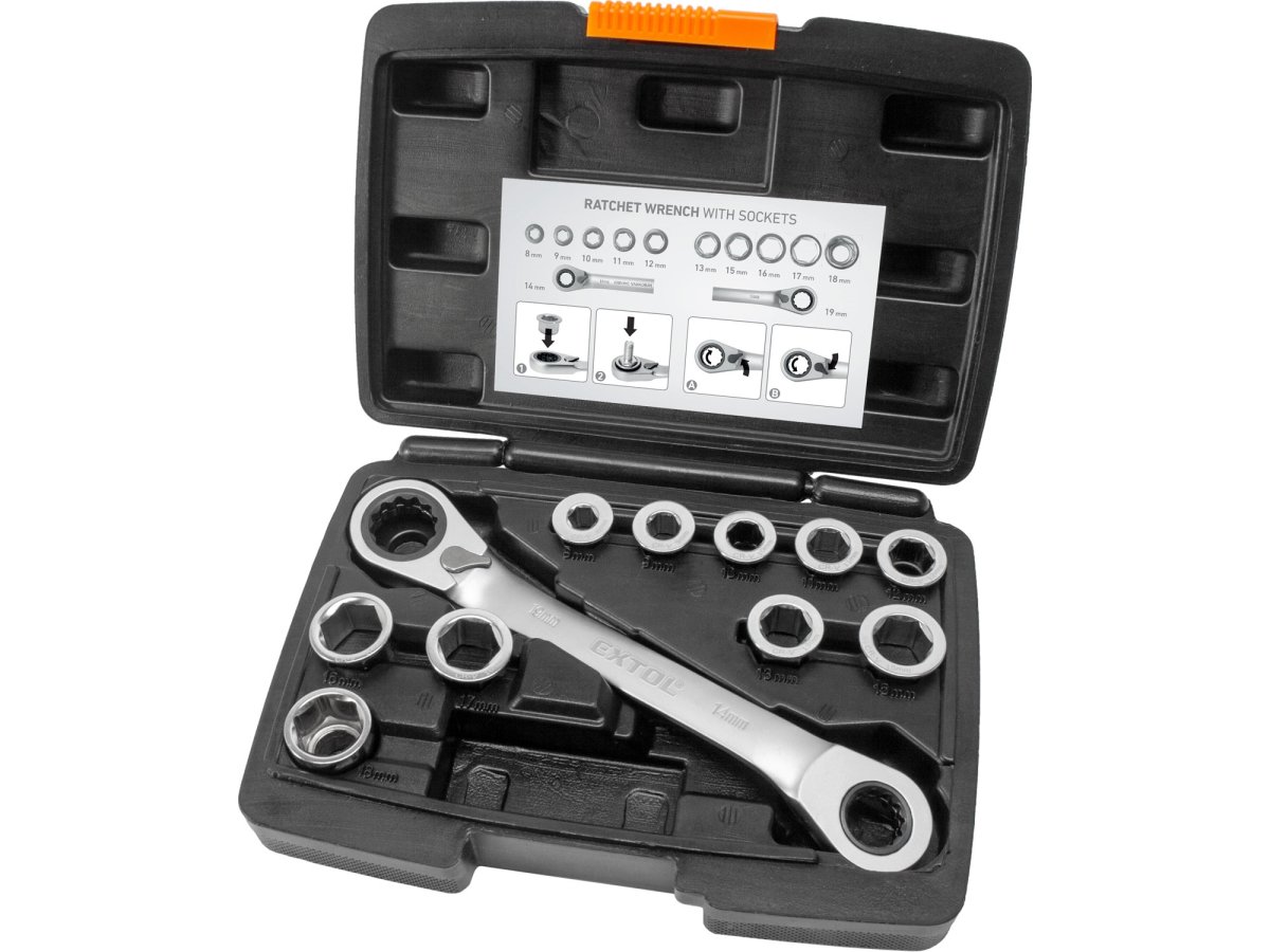 EXTOL PREMIUM 8816101 klíč ráčnový tvarovaný se sadou vložek 8-19mm 11ks CrV