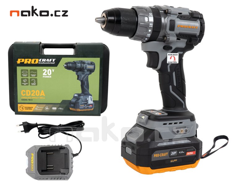 PROCRAFT Industrial CD20A příklepová bezuhlíková aku vrtačka LiIon 20V 2Ah