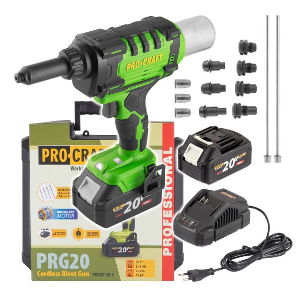 PROCRAFT PRG20 aku nýtovací pistole bezuhlíková LiIon 20V 2x 4Ah