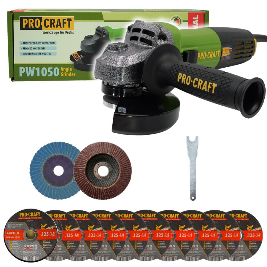 PROCRAFT SPW1050 úhlová bruska 125mm + 10x řezný a 2x lamelový kotouč